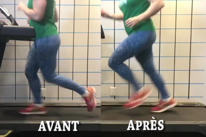 Deux images côte à côte d'une même personne qui court sur un tapis roulant, en chandail vert et leggings bleus, sous les mots « AVANT » et « APRÈS »