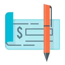 Pictogramme d'un chèque bleu et d'un crayon orange
