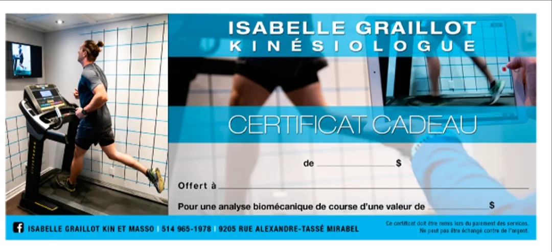 Certificat cadeau au nom d'Isabelle Graillot, kinésiologue, pour une analyse biomécanique de course, avec des lignes à remplir et les coordonnées de la clinique au bas